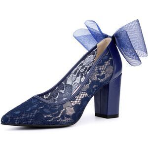 Wedding Lace Heels Shoes with Bow Bridal Pointed Toe Block Pumps Navy Blue